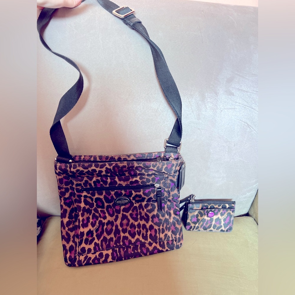 Purple, Black and Champagne Leopard Print Coach Bag and Matching Wallet